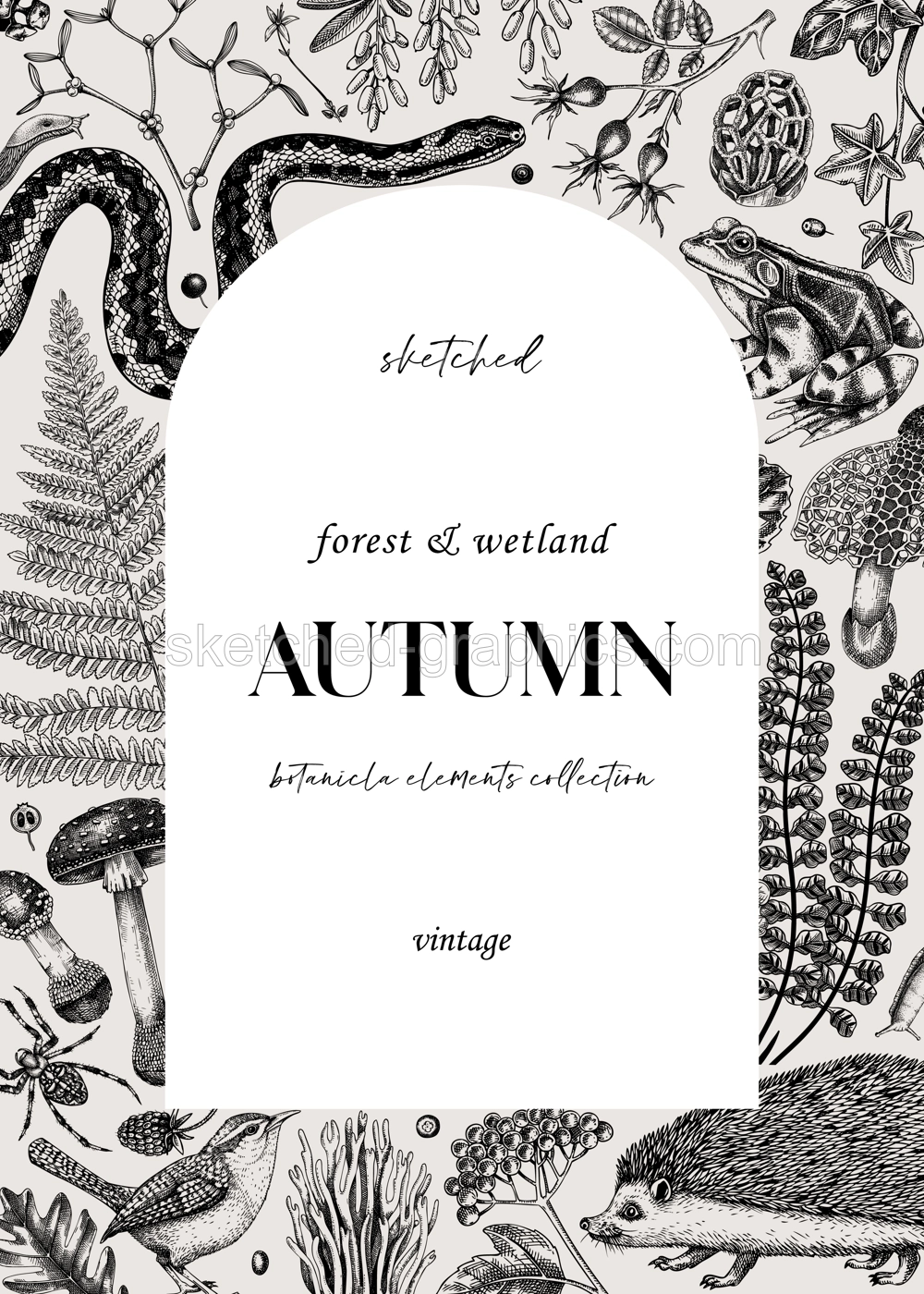 Forest frame. Hand-drawn autumn plants, fall leaves, mushrooms, ferns, woodland animals sketches. Decorative autumn background in vintage style for banner, print, vector greeting card and invitation Illustration